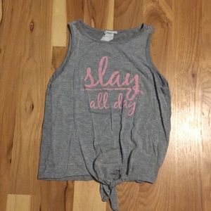 A gray and pink tank top that says slay all day.